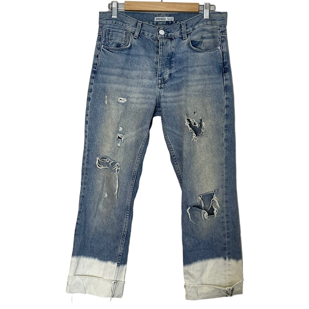Zara Womens High Waist Distressed Beachy Jeans Size 4 Boyfriend Style Button Fly